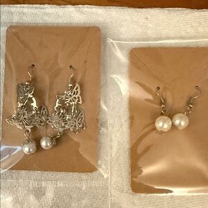 Chic Silver and White Pearl Butterfly Earrings. # 79
